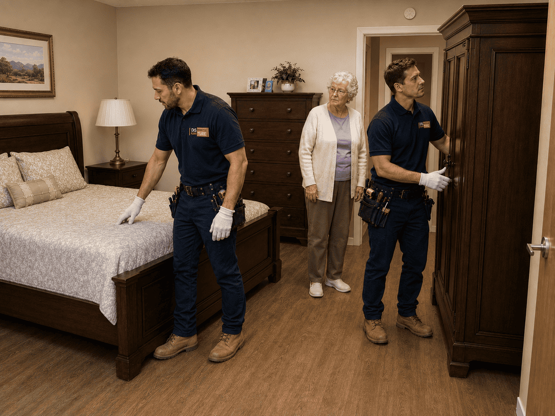 Three people in a bedroom, two moving furniture and one standing near a dresser.