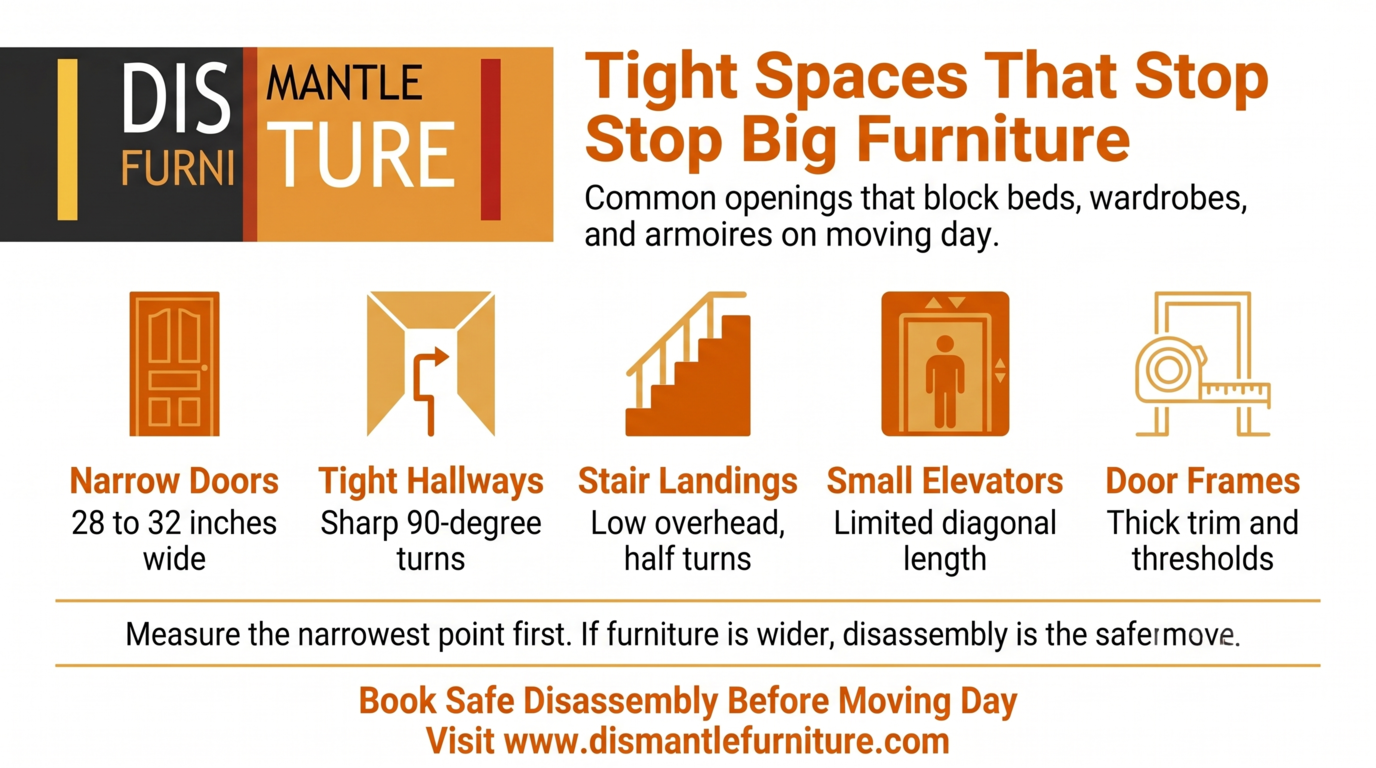 Infographic on furniture moving through tight spaces, showing doors, hallways, stair landings, elevators and door frames