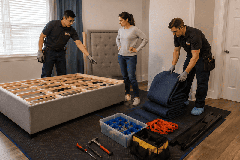 Three people assembling a bed frame in a bedroom, with tools and parts laid out on the floor