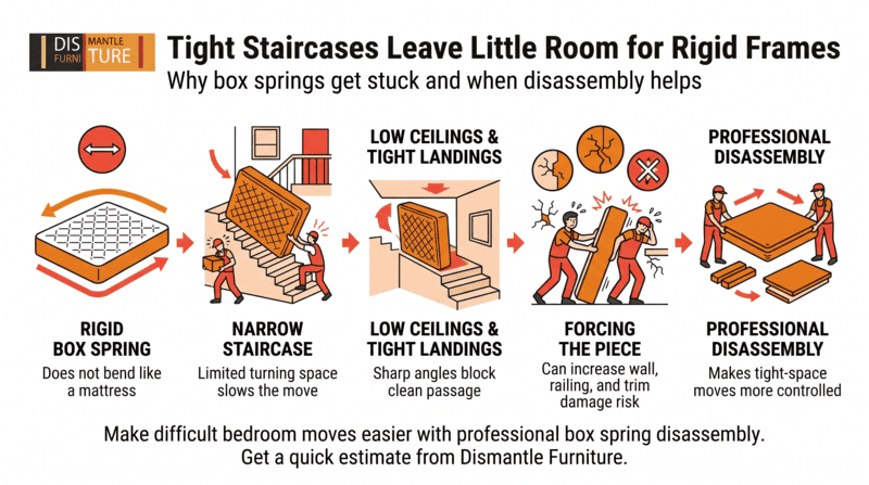 Infographic on tight staircases and rigid frames causing box shipping damage, with diagonal red arrows and labels.
