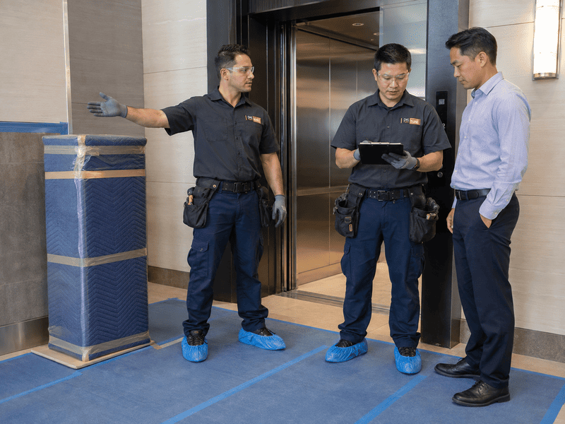 Three men stand in a building lobby beside a wrapped crate, one pointing toward it.