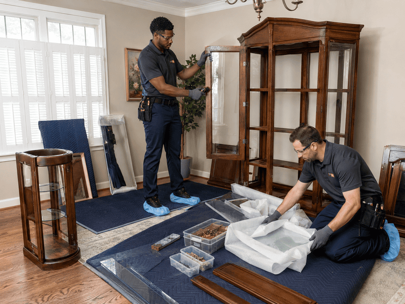 Two movers unpack and assemble a large wooden cabinet in a bright room with boxes and foam packaging.