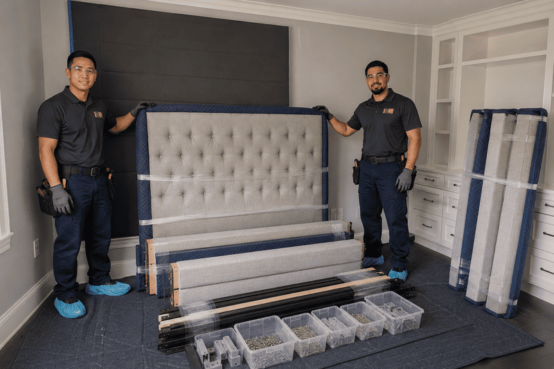 Two workers standing beside a large upholstered headboard and bed frame parts in a room