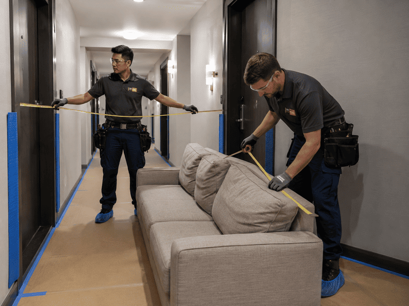 Two workers moving a beige couch down a hallway, carrying it with yellow straps.