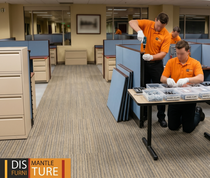 Two workers in orange shirts unpack office furniture in a cubicle-filled office space.