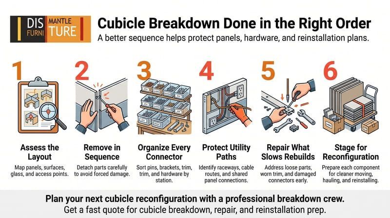 Infographic about cubicle breakdown process in 6 steps, with tools, packing, and moving office furniture.