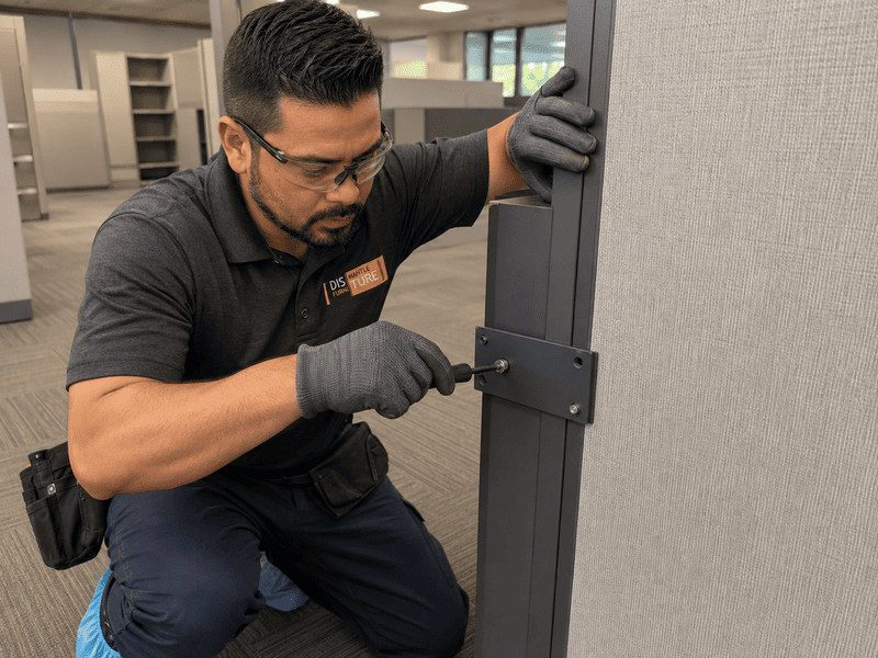 Worker installing a black bracket on a gray partition in an office cubicle