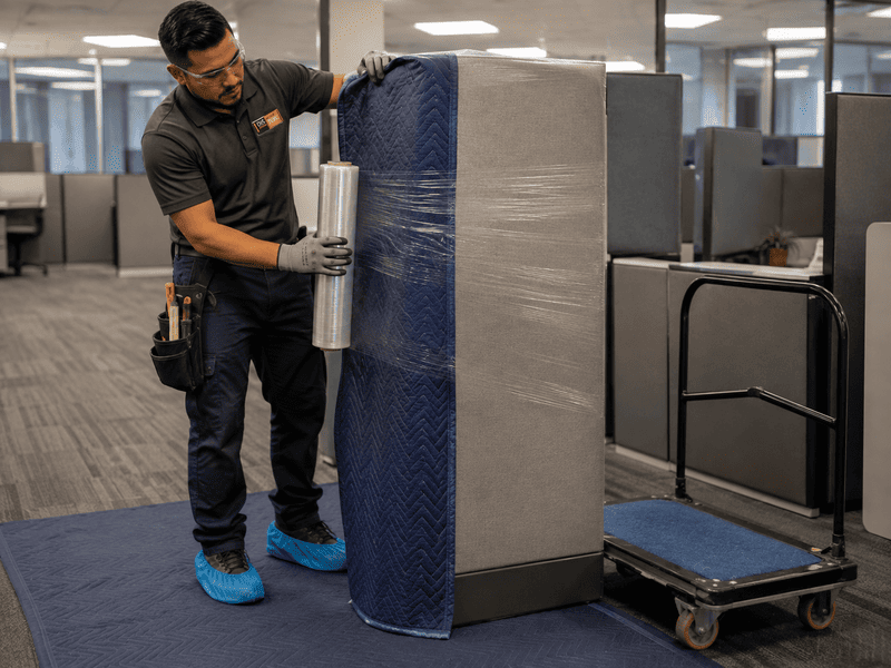 Worker wrapping a large appliance on a dolly in an office hallway
