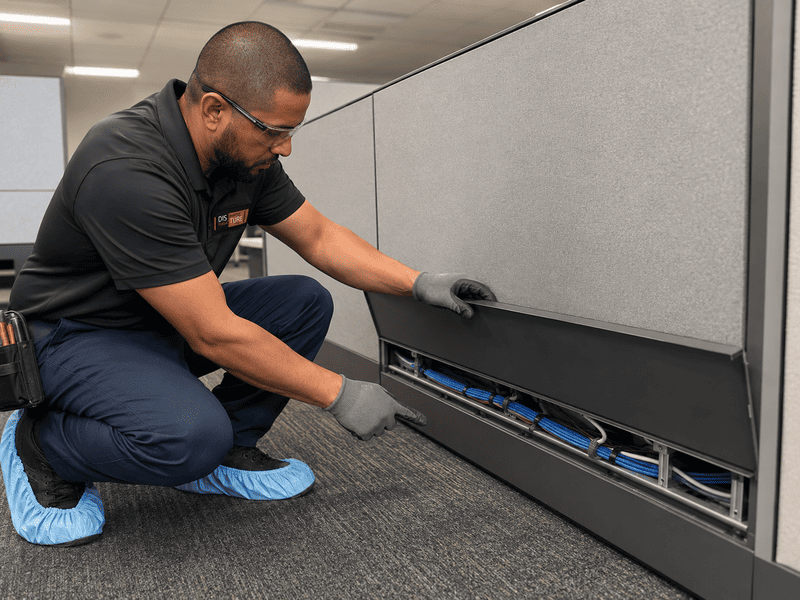 Worker kneeling beside a cubicle wall, inspecting exposed cables under the panel.