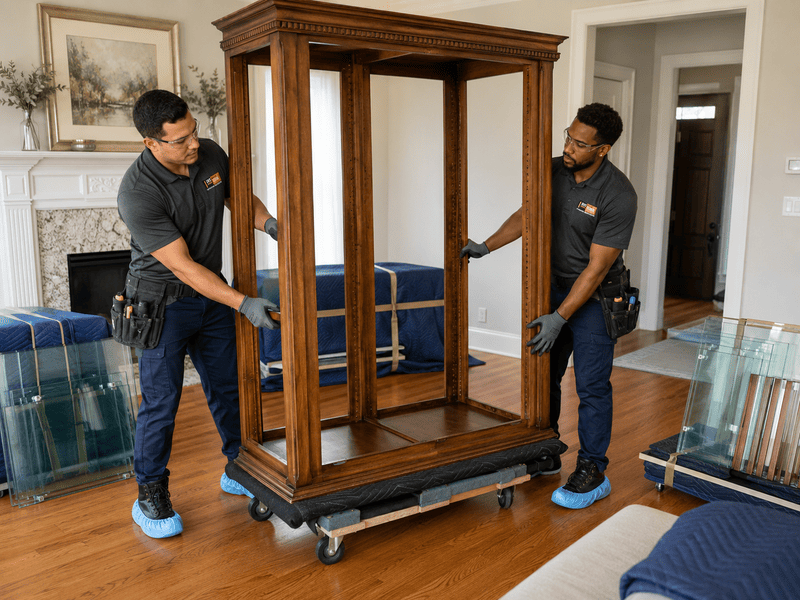 Two movers rolling a large wooden display cabinet on a dolly in a living room