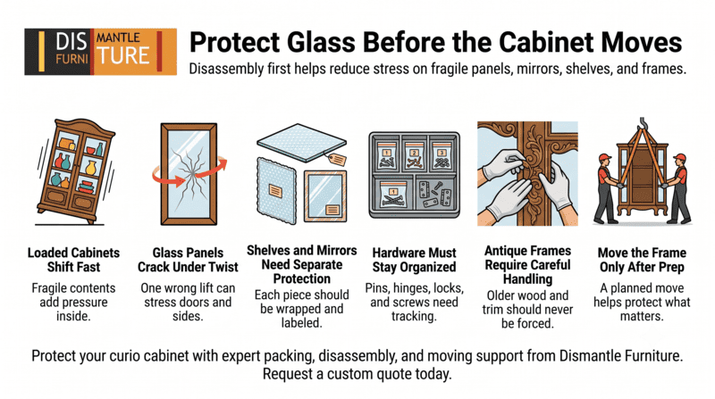 Infographic about protecting glass before cabinet moves, with tips and safety illustrations.