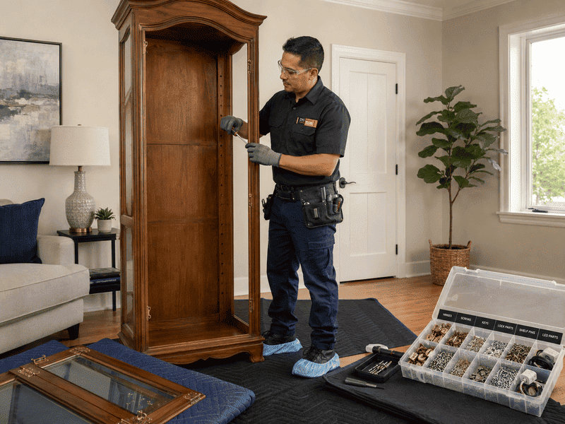 Technician inspecting a wooden cabinet in a bright living room, with tools and hardware laid out nearby