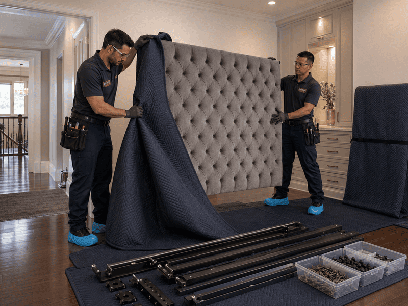 Two workers lifting a tufted gray headboard with black protective blankets in a room