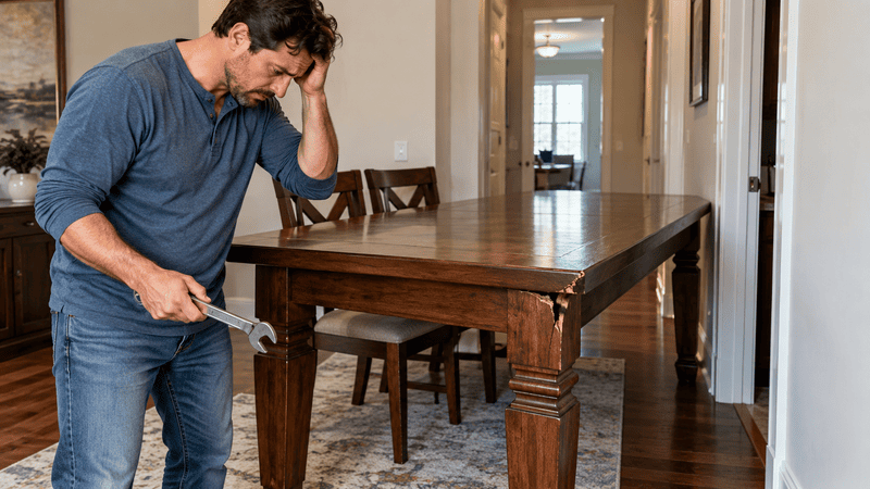 Man wiping a wooden dining table in a home hallway, looking tired and holding his forehead