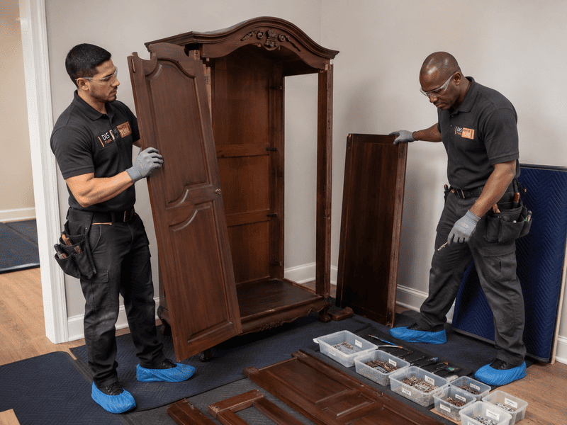 Two workers move a dark wooden wardrobe in a room beside boxes of tools.