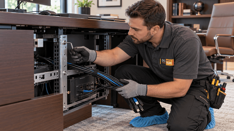Technician crouches inside a wooden cabinet, wiring network equipment under a desk in a home office.