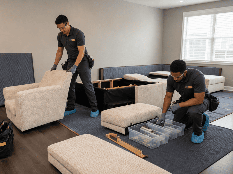 Two movers assembling furniture in a living room with sectional pieces and tools on the floor