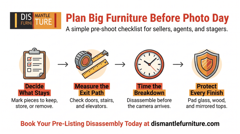 Infographic: “Plan Big Furniture Before Photo Day,” with 4 prep steps, icons, and a moving truck.