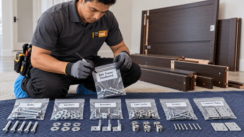 Technician sorting labeled hardware kits and tools on a floor for furniture assembly