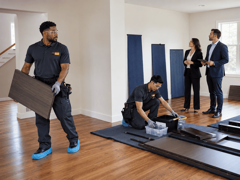 Workers unpacking and assembling furniture in a bright room while two people discuss plans nearby