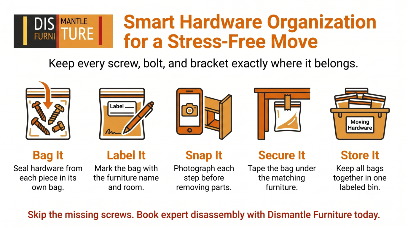 Orange Disruption ad for hardware organization, showing labeled boxes for bag it, label it, snap it, secure it, store it.