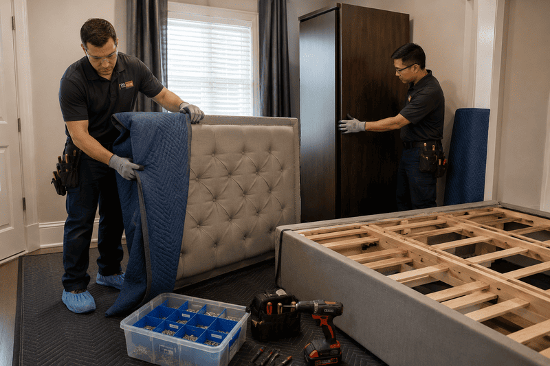 Two men move a blue mattress in a bedroom with a bed frame and furniture.