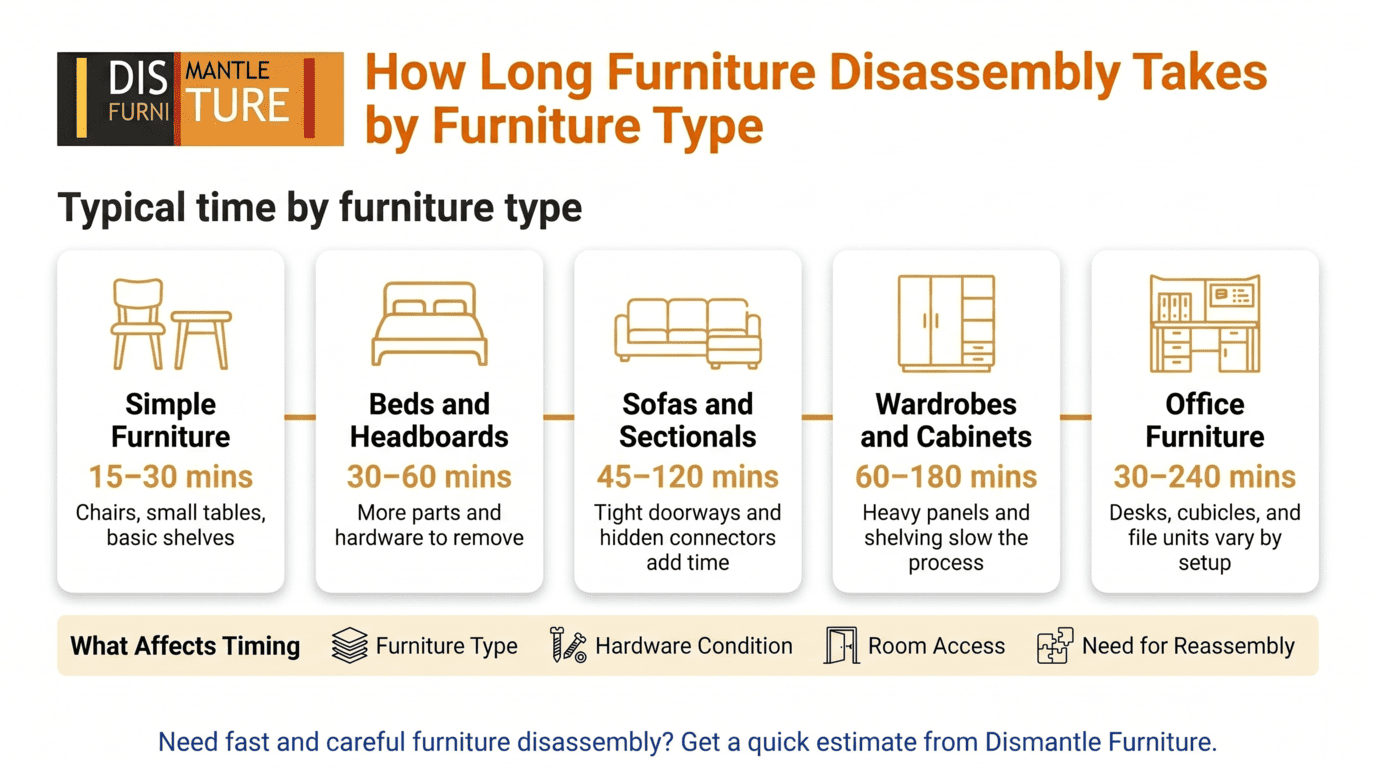 Infographic showing furniture disassembly times by type, with icons and a tan-orange header.