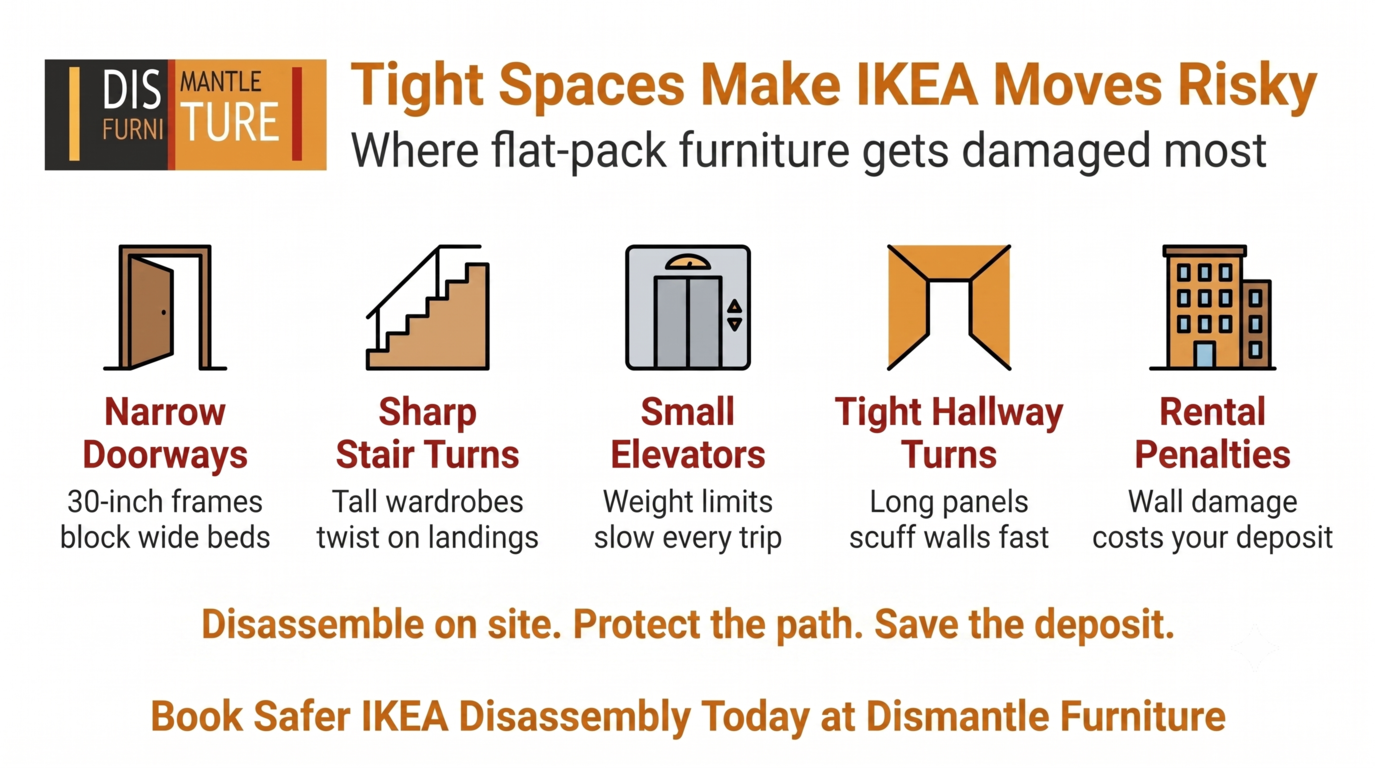 Infographic on IKEA moving risks: narrow doorways, stairs, small elevators, tight hallways, rental damages.