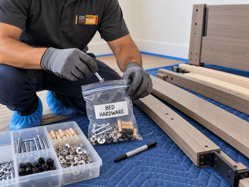 Person assembling hardware parts on a blue mat beside labeled bins and metal drawers