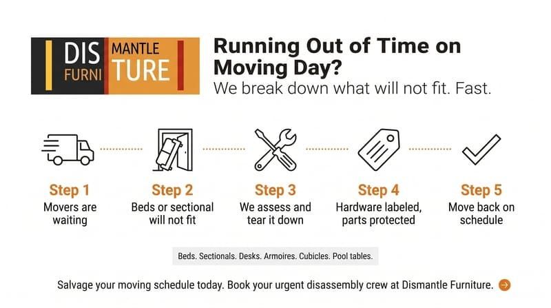Orange-and-black disaster prep banner with 5 steps: wait, secure, tear down, cover, schedule move.