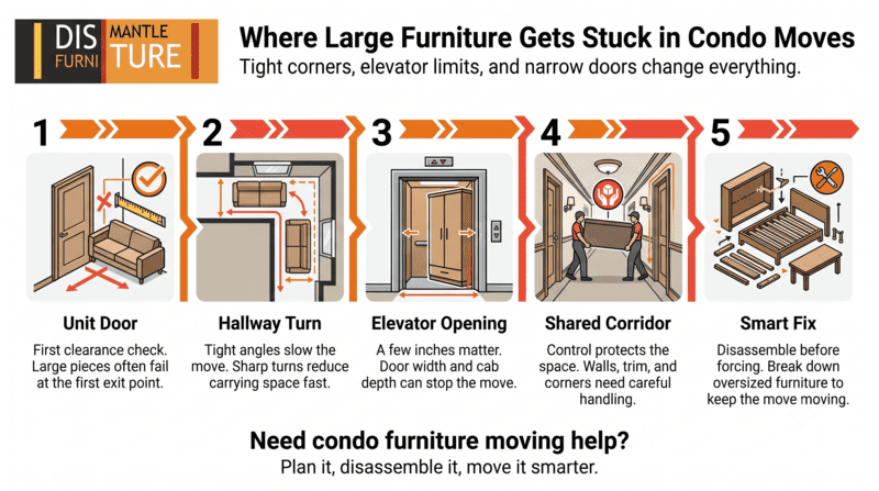Infographic on condo moving problems: unit door, hallway, elevator, shared corridor, and smart lock obstacles.