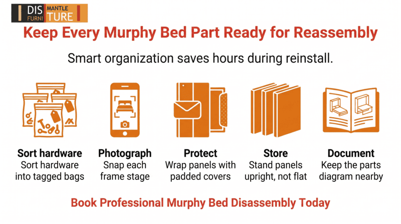 Infographic on keeping Murphy bed parts organized for reassembly, with five orange step icons.
