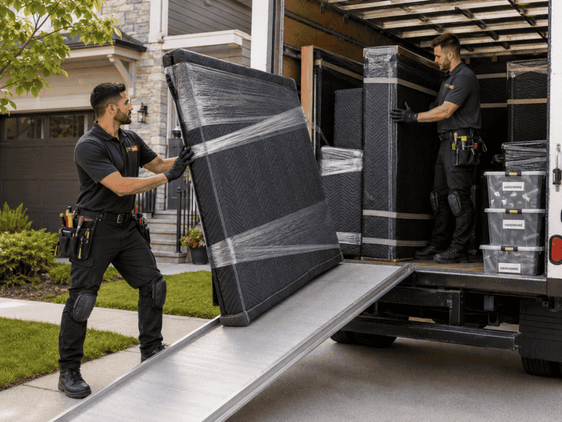 Two movers loading a wrapped mattress up a ramp into a truck at a house.