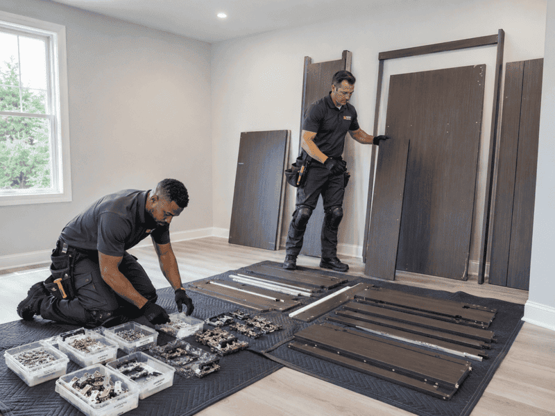 Two workers assembling a dark wood door frame in a bright room.