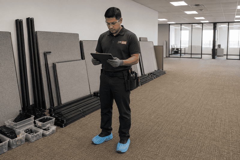 Man standing in an empty office holding a tablet beside stacked carpet tiles and supplies