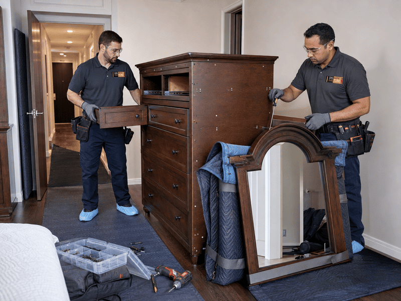 Two movers carrying a dresser and mirror through a hallway, with packing blankets on the floor.
