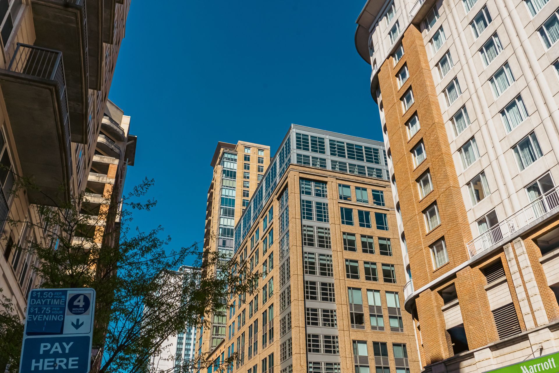 Tall city buildings against a blue sky, with a parking sign in the foreground