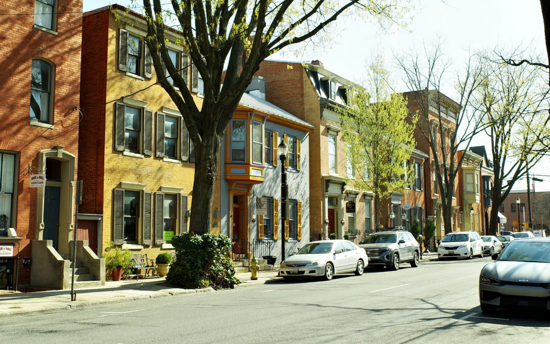 Sunlit residential street with brick row houses, leafless trees, and parked cars