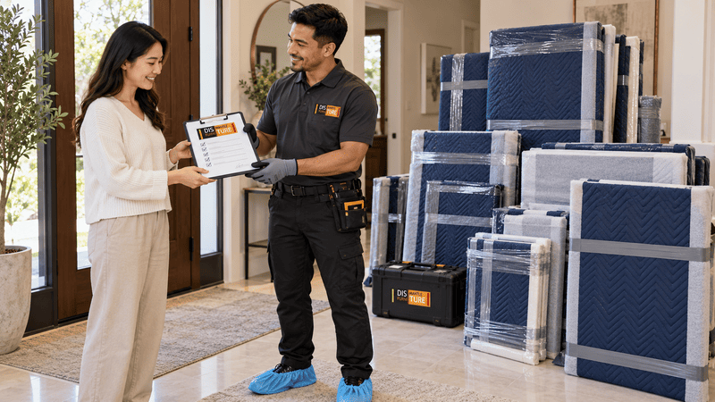 Delivery worker shows a woman a tablet beside stacked wrapped luggage in a hotel lobby