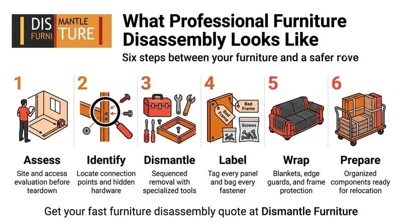 Infographic on dismantling furniture: assess, identify, disassemble, label, wrap, and prepare.