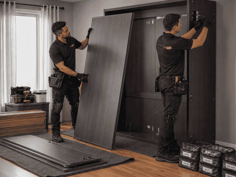 Two installers carrying a large dark panel into a modern room under renovation