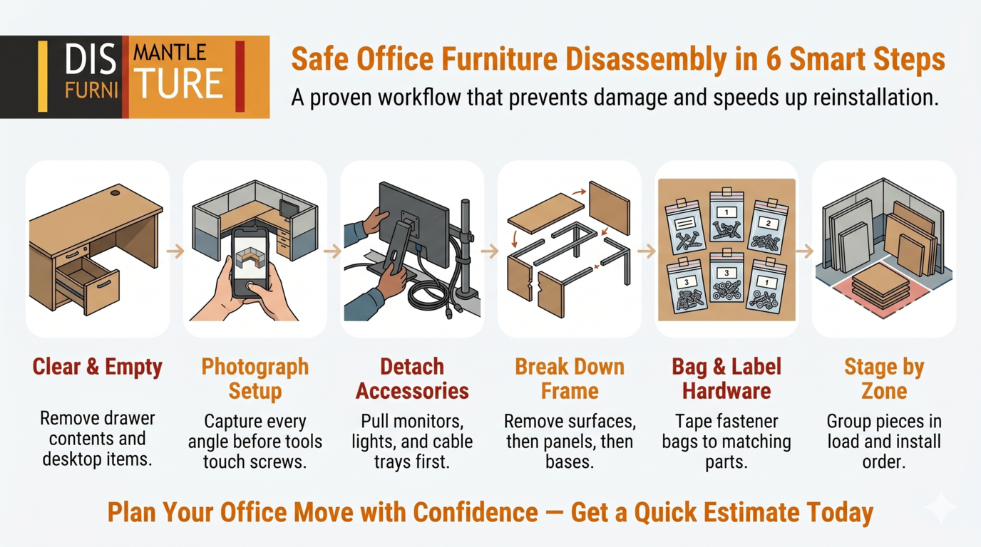 Infographic on safe office furniture disassembly in 6 steps, with furniture icons and orange accents.