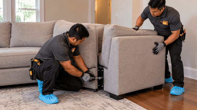Two movers in gray uniforms and blue shoe covers lifting a beige sofa in a living room