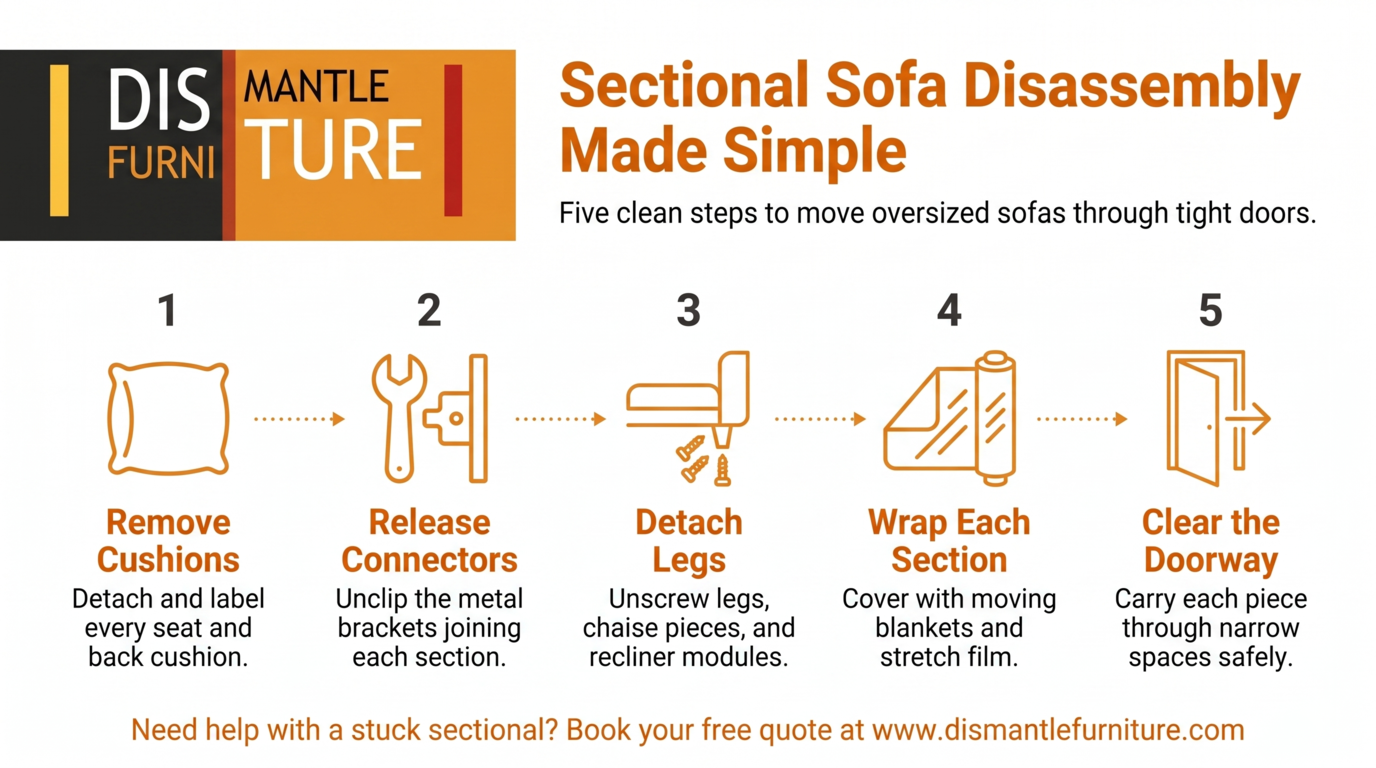 Sectional sofa disassembly infographic with 5 labeled steps and orange furniture icons on white background