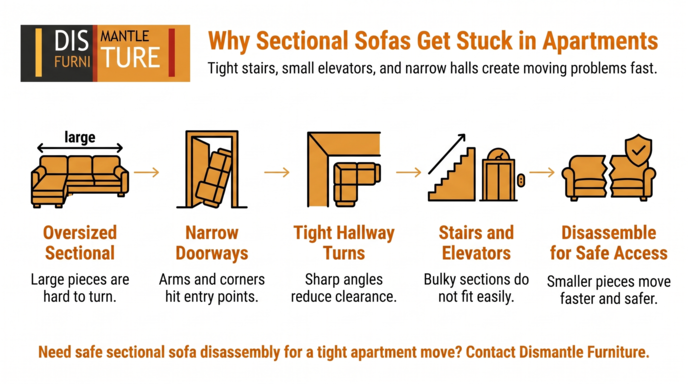 Infographic on sectional sofas getting stuck in apartments, showing tight corners, narrow doors, stairs, and elevator issues