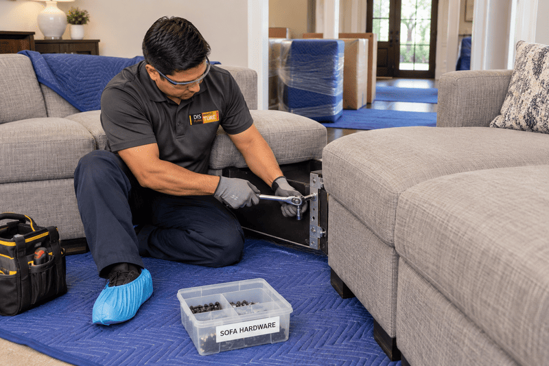 Technician in black shirt and blue shoe covers inspecting carpet beside a gray sofa in a living room