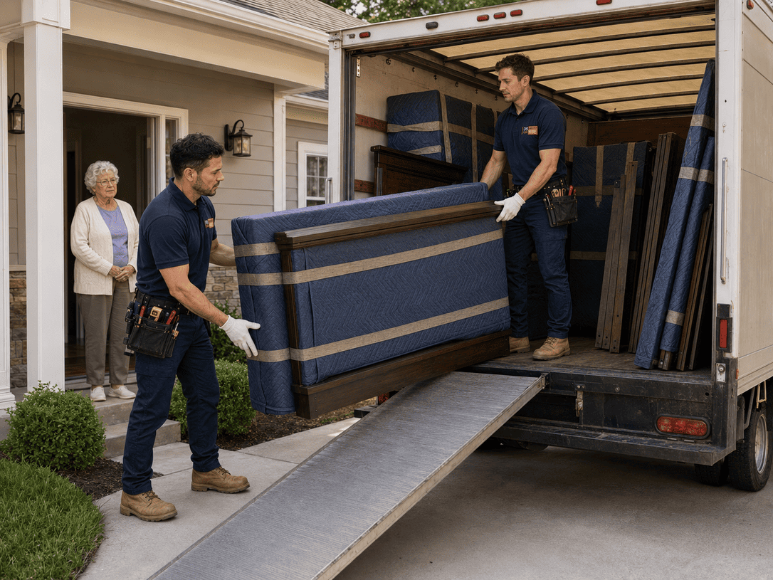 Two movers loading a blue couch up a ramp into a moving truck while a woman watches nearby