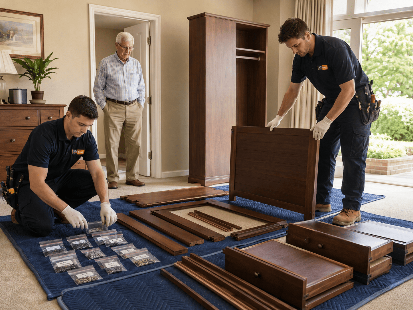 Three movers unpacking and assembling dark wood furniture in a room, with tools and parts laid out on the floor.