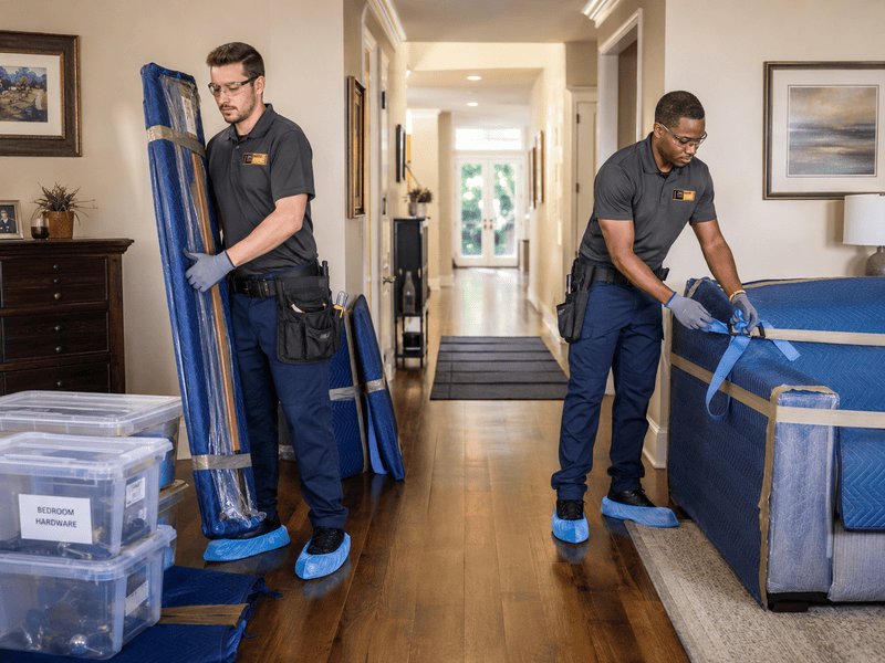 Two movers carrying wrapped furniture through a living room and hallway, packing a home for moving.