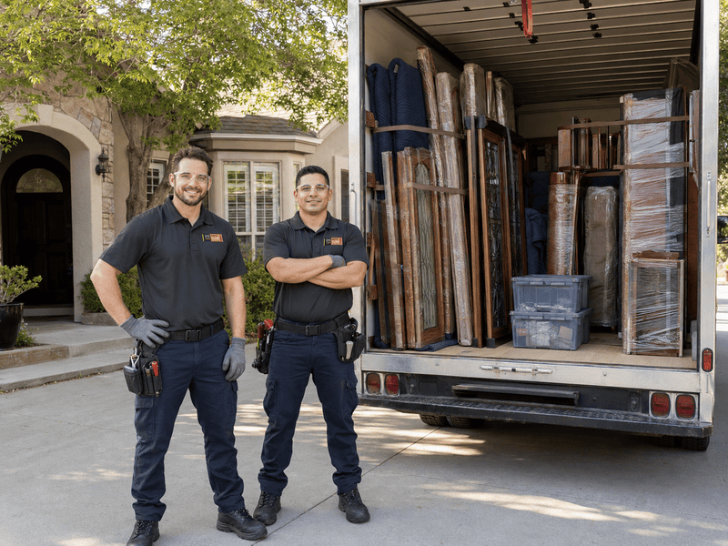 Two uniformed workers stand beside a truck loaded with large wooden panels in a driveway.